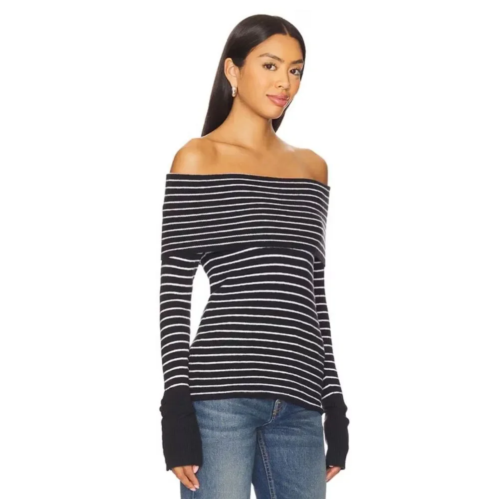 NWT Free People Evergreen Off Shoulder Striped Knit Sweater Y2K 90s Cozy Medium
